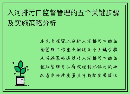 入河排污口监督管理的五个关键步骤及实施策略分析