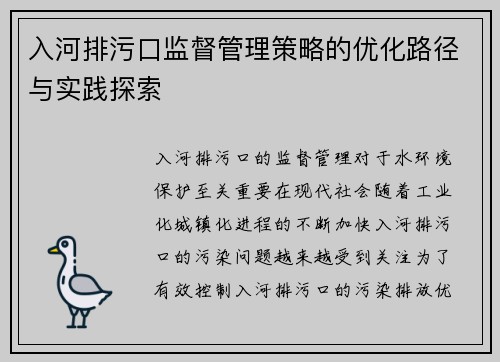 入河排污口监督管理策略的优化路径与实践探索